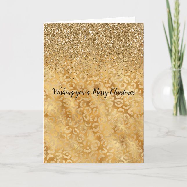 Gold Leopard Print Glam Glitter Holiday Card (Front)