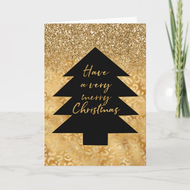 Gold Leopard Print Glitter Black Christmas Tree Holiday Card (Front)