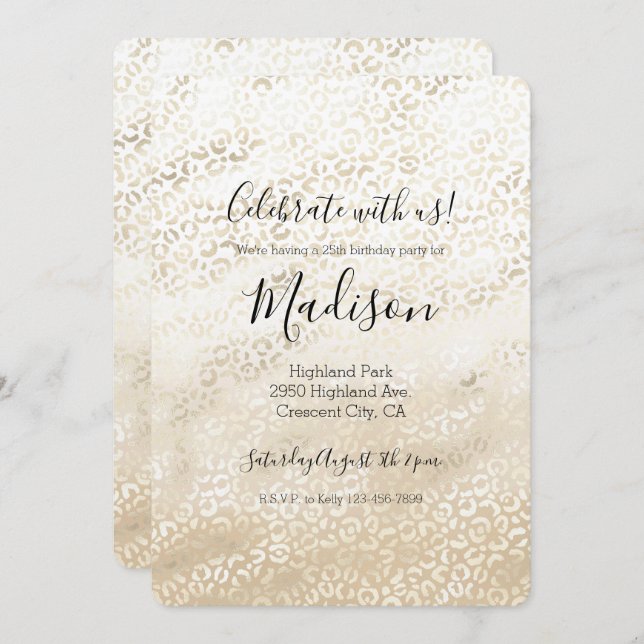Gold Leopard Print Khaki Cream Beige Watercolor Invitation (Front/Back)