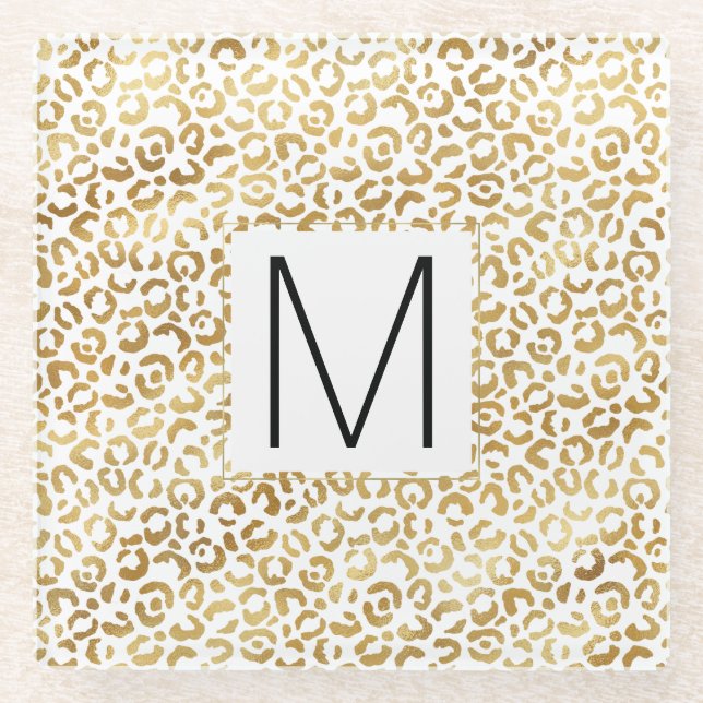 Gold Leopard Print Monogram           Glass Coaster (Front)