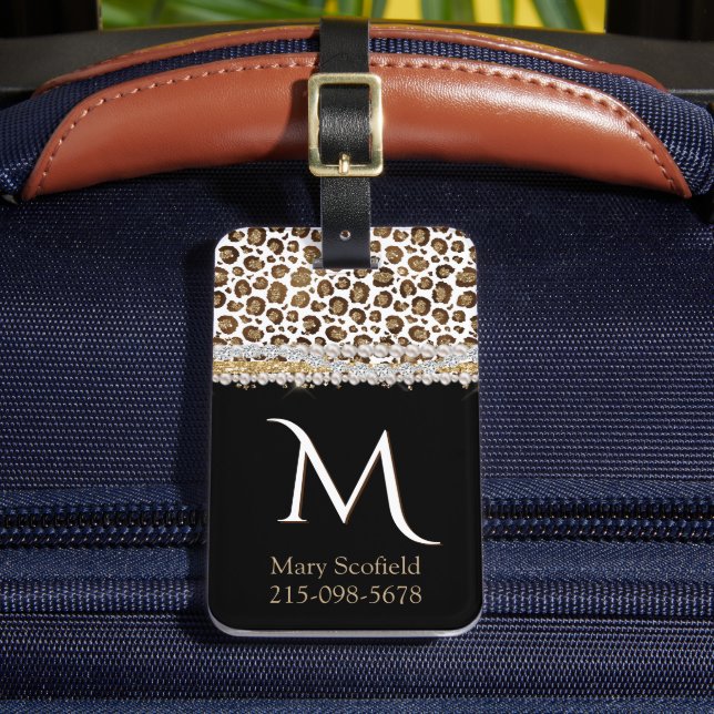 Gold Leopard Print Monogrammed Luggage Tag (Front Insitu 2)
