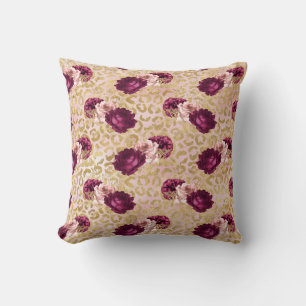 Gold Leopard Print Pink Roses Floral Cushion
