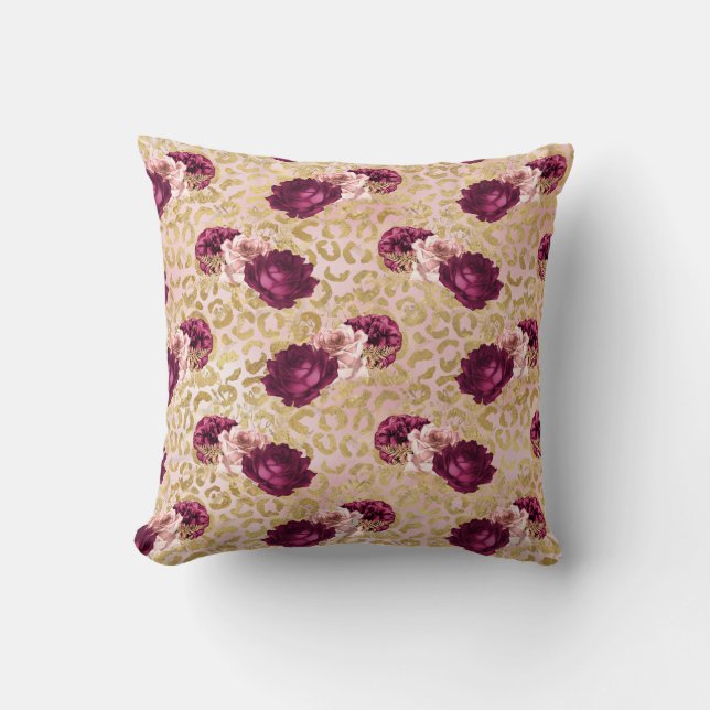 Gold Leopard Print Pink Roses Floral Cushion (Front)