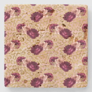Gold Leopard Print Pink Roses Floral Stone Coaster