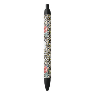 Gold Leopard Print Red White Floral Black Ink Pen