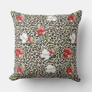Gold Leopard Print Red White Floral Cushion