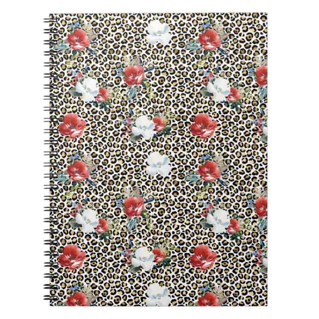 Gold Leopard Print Red White Floral Notebook (Front)