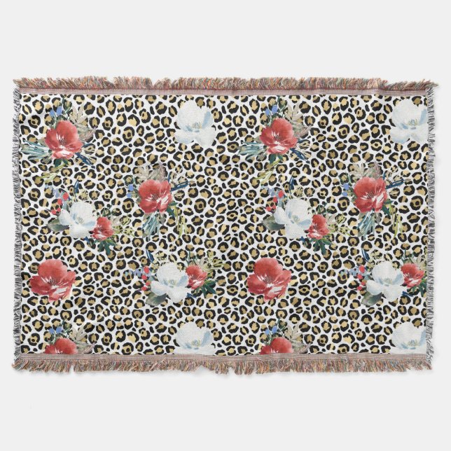 Gold Leopard Print Red White Floral Throw Blanket (Front)