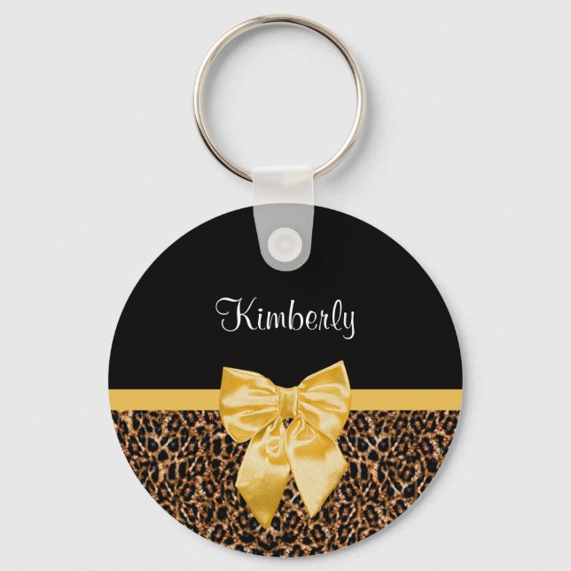 Gold Leopard Print With Pretty Glam Black Bow  Key Ring (Front)