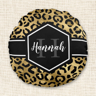 Gold Leopard Spots Black Monogram Round Cushion
