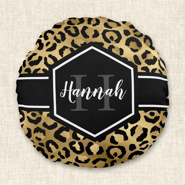 Gold Leopard Spots Black Monogram Round Cushion (Creator Uploaded)