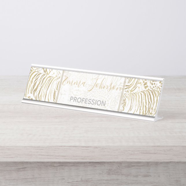 Gold Leopard Tiger Animals Desk Name Plate (Front)