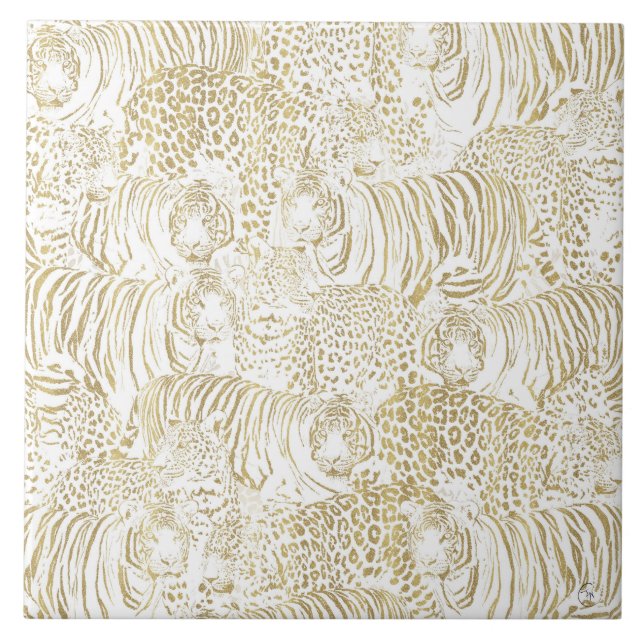 Gold Leopard Tiger Animals Pattern Ceramic Tile (Front)