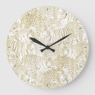 Gold Leopard Tiger Animals Pattern Large Clock