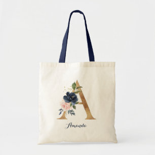 Gold Letter A and Blush Floral Personalised chic Tote Bag