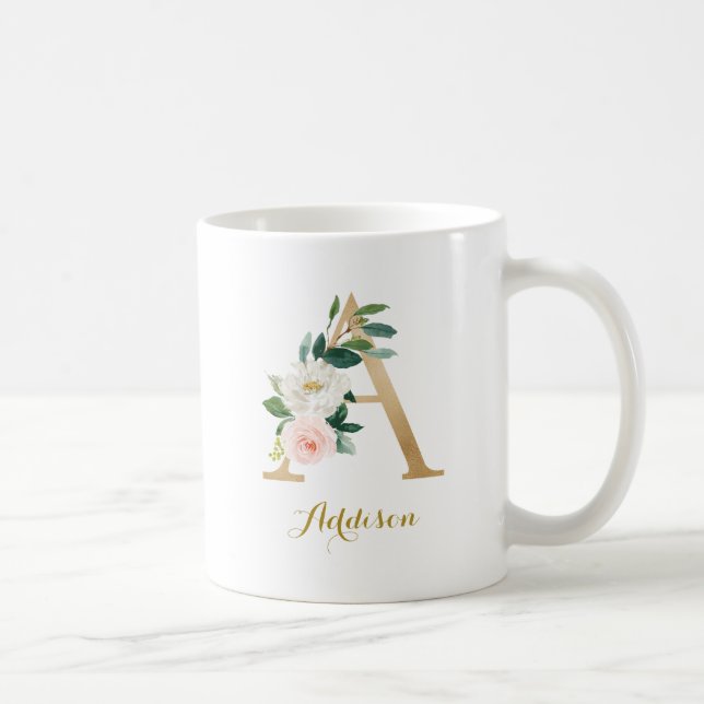Gold Letter A and Blush Floral Personalised Coffee Mug (Right)