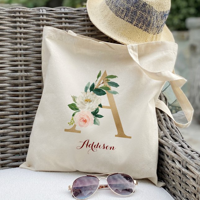 Gold Letter A and Blush Floral Personalized Tote Bag (Creator Uploaded)