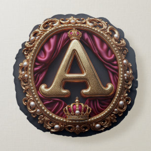 Gold Letter A Crown On Red Velvet Monogram Decor Round Cushion