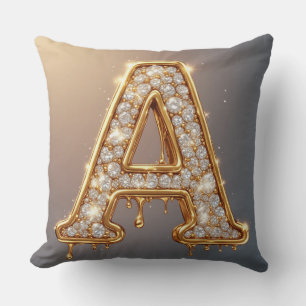 Gold Letter A Diamond Drip Molten Monogram Cushion