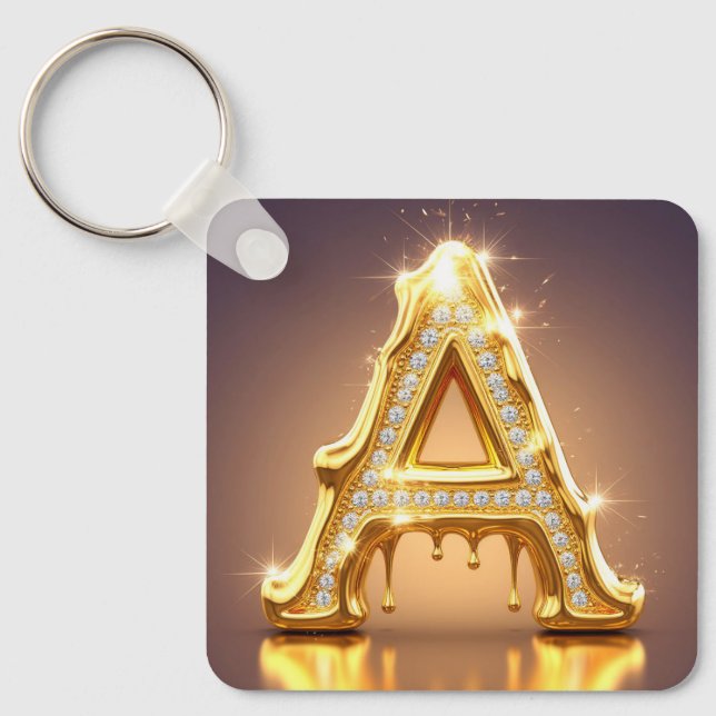 Gold Letter A Diamonds Dripping Monogram Gift Key Ring (Front)