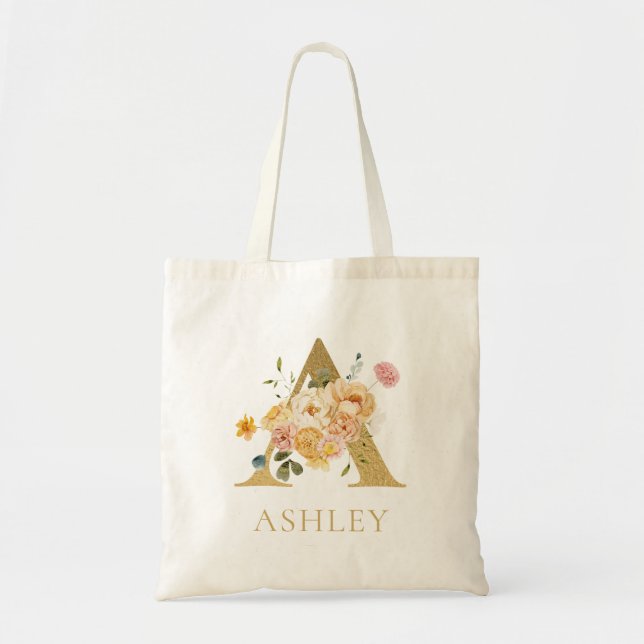Gold Letter A Monogram Floral Watercolor Tote Bag (Front)