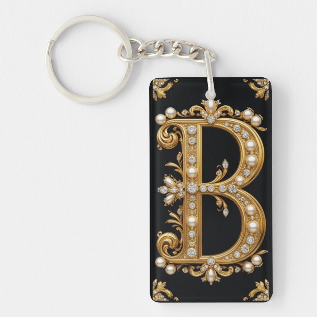 Gold Letter B Monogram With Diamonds and Pearls Key Ring (Front)