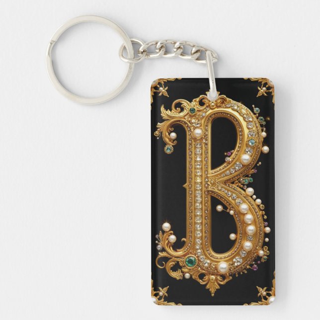 Gold Letter B Monogram With Diamonds and Pearls Key Ring (Front)