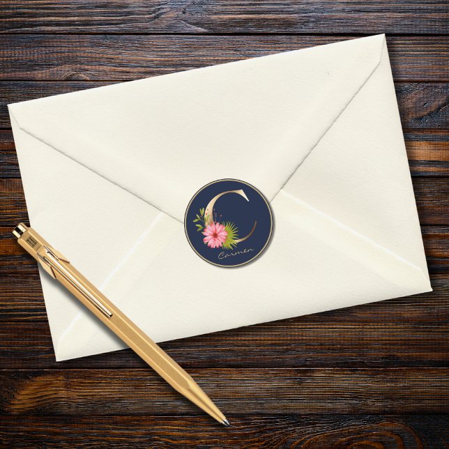 Gold Letter C Elegant Navy Floral Monogram Classic Round Sticker (Creator Uploaded)