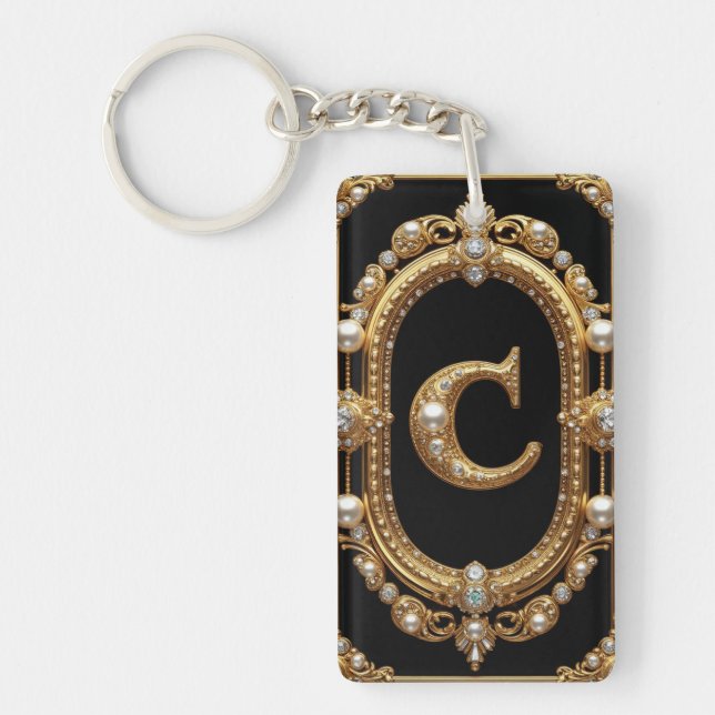 Gold Letter C Monogram With Diamonds and Pearls Key Ring (Front)
