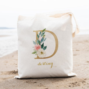 Gold Letter D and Blush Floral Personalised Tote Bag