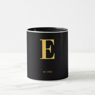 Gold Letter E Black Mug Minimalist Monogram Mug