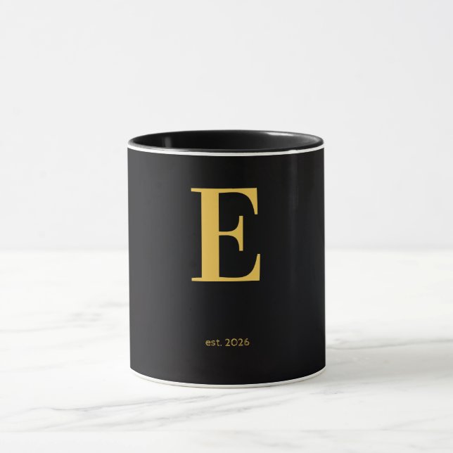 Gold Letter E Black Mug | Minimalist Monogram Mug (Center)