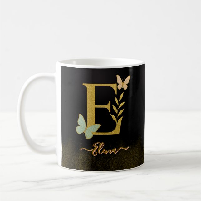 Gold Letter E Butterfly Mug Design (Left)