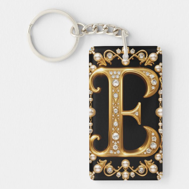Gold Letter E Monogram With Diamonds and Pearls Key Ring (Front)