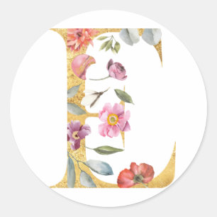 Gold letter E with flowers Classic Round Sticker