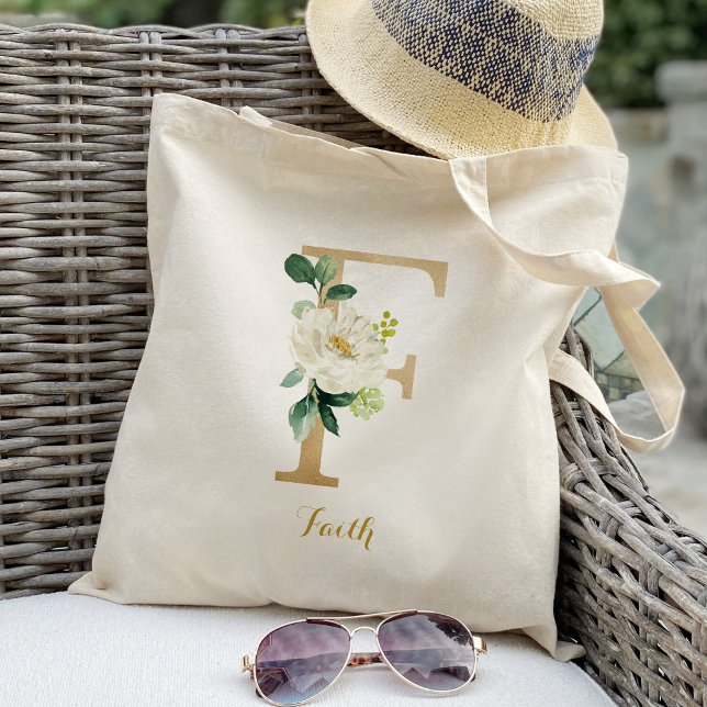 Gold Letter F and Blush Floral Personalised Tote Bag (Creator Uploaded)