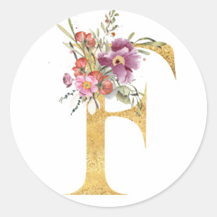 Gold letter F with flowers Classic Round Sticker