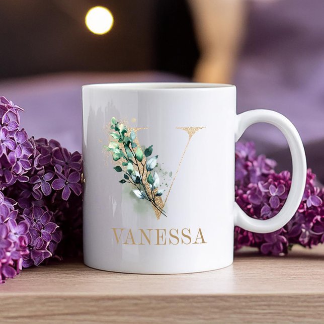 Gold Letter Floral Monogram V Coffee Mug (Creator Uploaded)