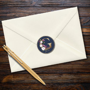 Gold Letter G Elegant Navy Floral Monogram Classic Round Sticker