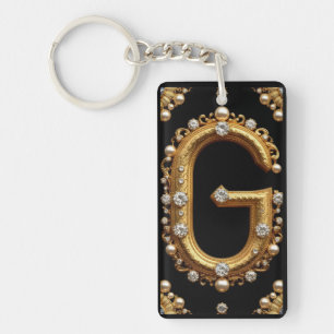 Gold Letter G Monogram With Diamonds and Pearls Key Ring