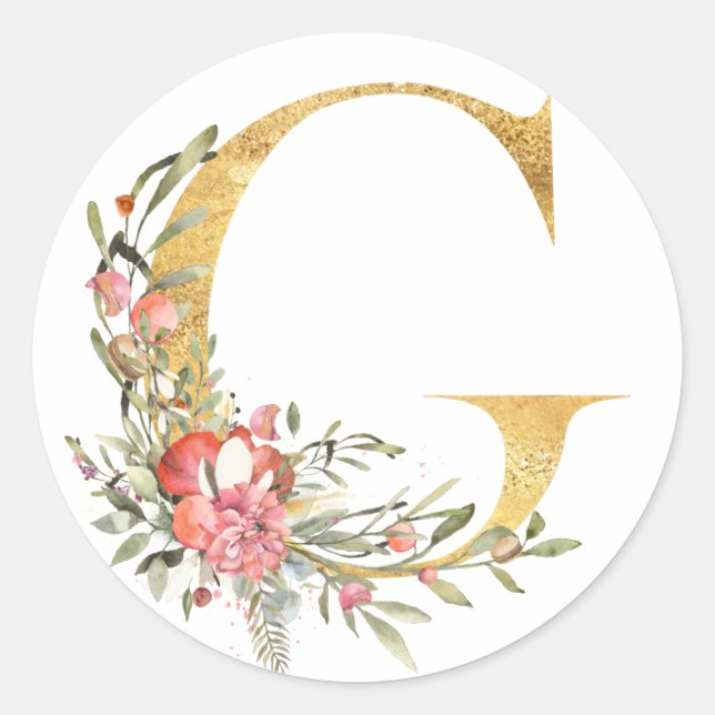 Gold letter G with flowers Classic Round Sticker (Front)