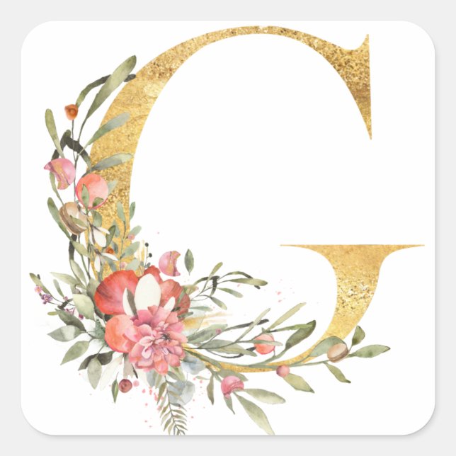 Gold letter G with flowers Square Sticker (Front)