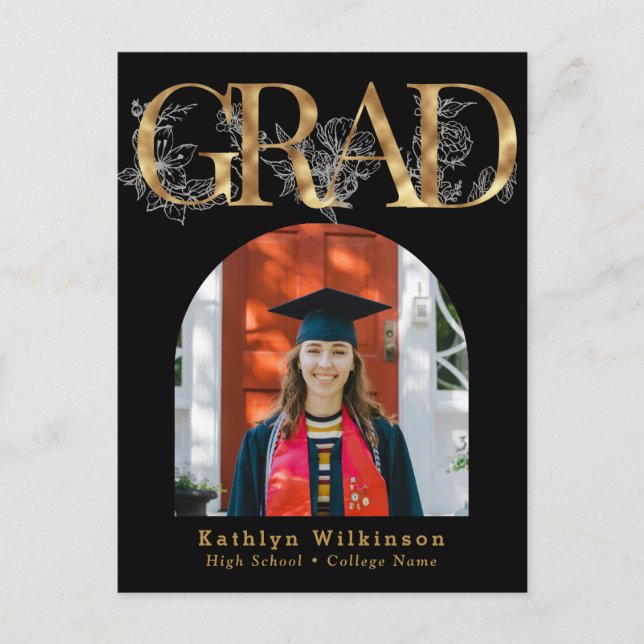 Gold Letter GRAD Floral Photo Grad Announcement Postcard (Front)