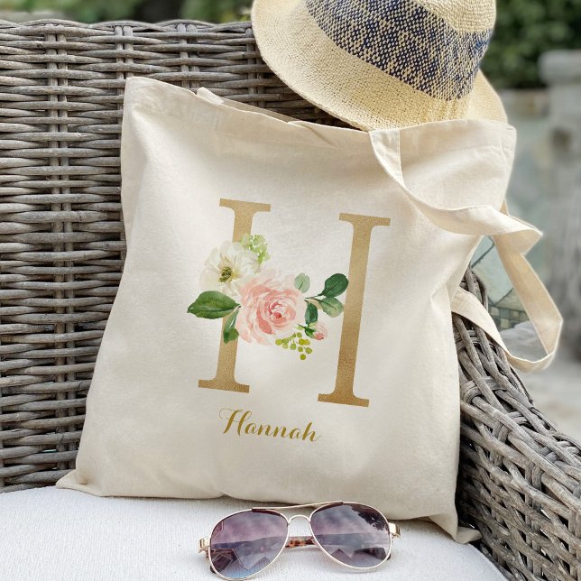Gold Letter H and Blush Floral Personalised Tote Bag (Creator Uploaded)