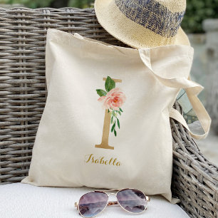 Gold Letter I and Blush Floral Personalised Tote Bag