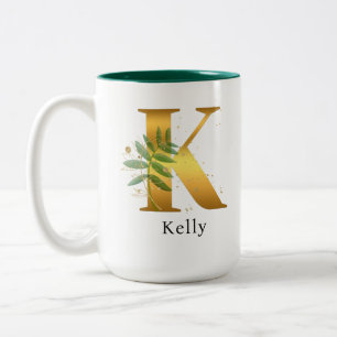 Gold Letter K Watercolor Floral Monogram Two-Tone Coffee Mug