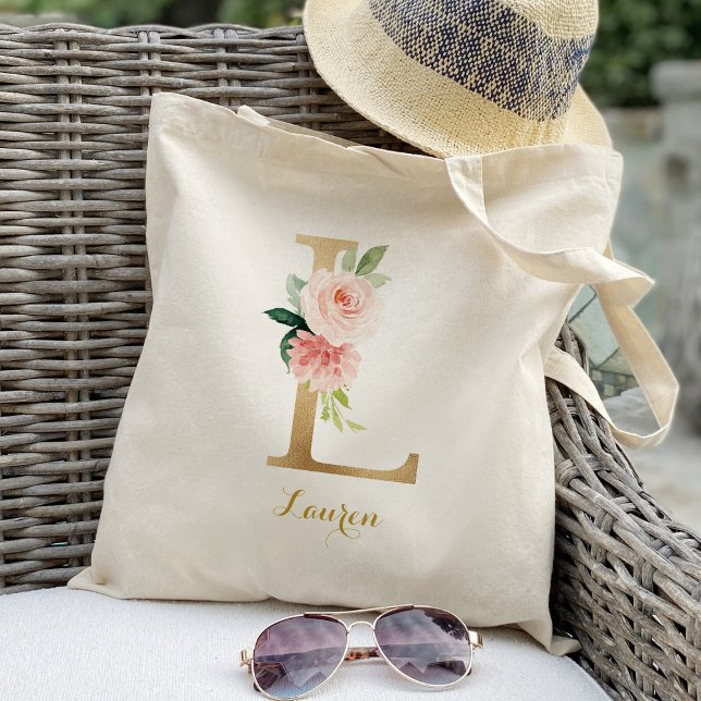 Gold Letter L and Blush Floral Personalized Tote Bag (Creator Uploaded)