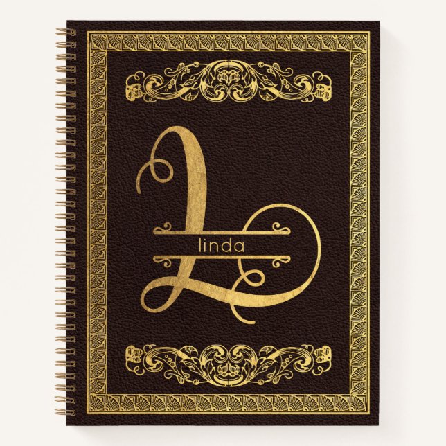 Gold Letter L & Name on Brown Leather Monogrammed Notebook (Front)