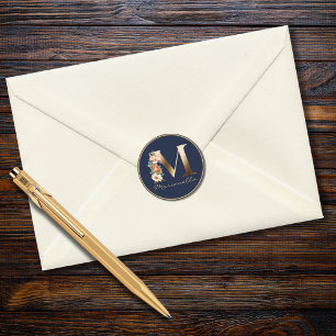 Gold Letter M Elegant Navy Blue Floral Monogram Classic Round Sticker