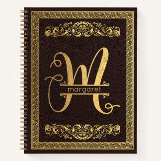 Gold Letter M & Name on Brown Leather Monogrammed Notebook